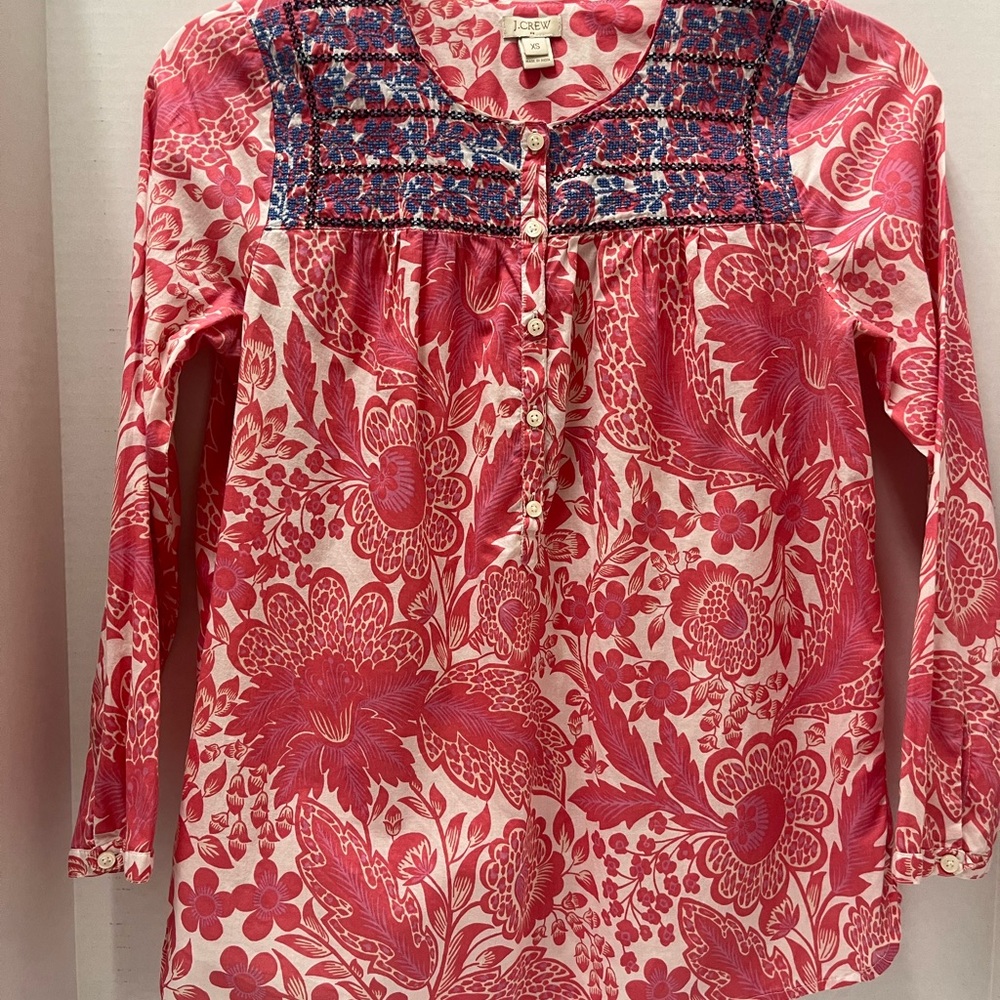 J. Crew Coral and Blue Graphic Blouse with Mandarin Collar